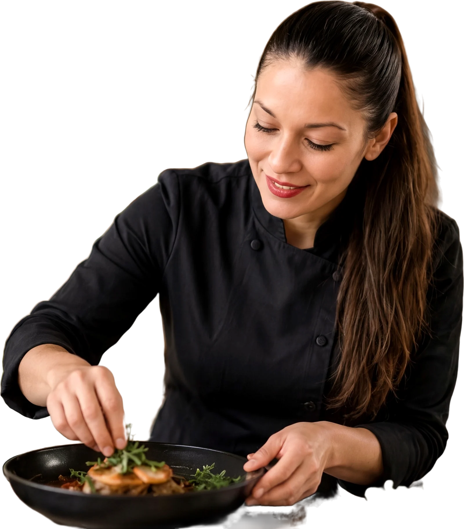 Alexandra dressant un plat dans sa cuisine