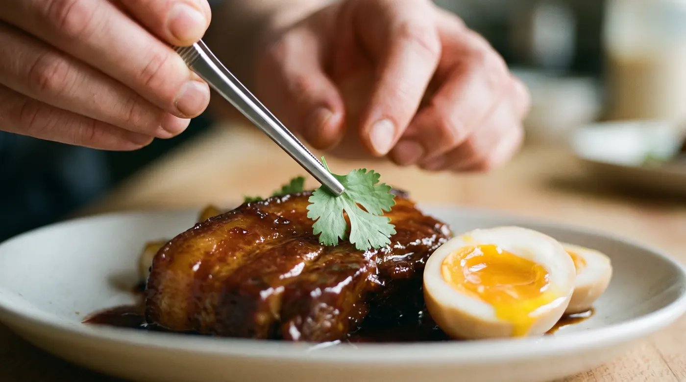 Dressage à la pince d'une feuille de coriandre sur un porc caramélisé